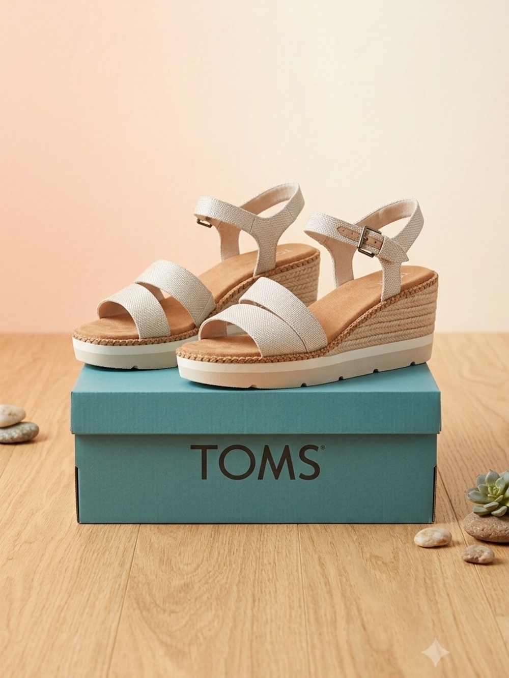 TOMS Beige Canvas Wedge Sandals with Ankle Strap